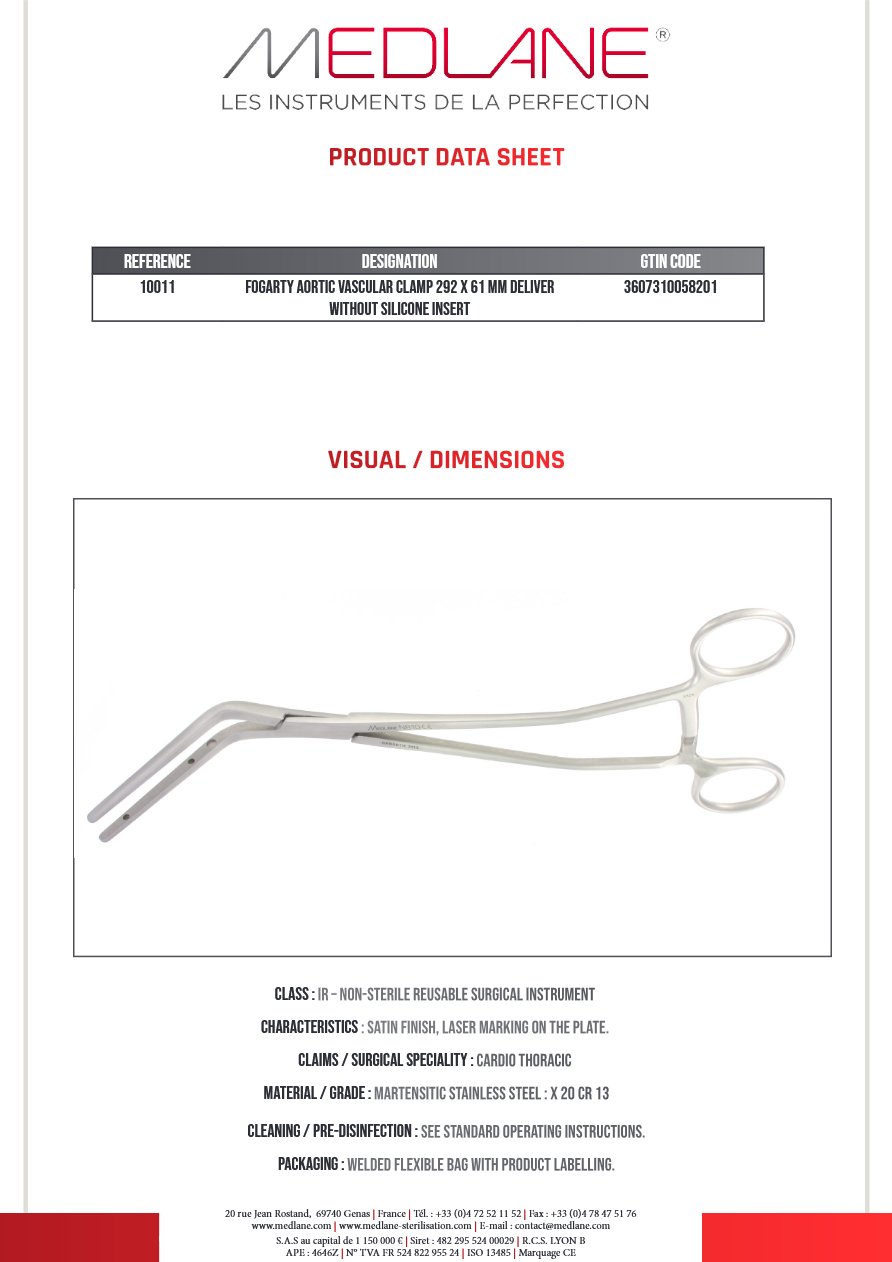 Clamp Vasculaire Aortique Fogarty 292 X 61 mm Livré sans Insert Silicone — REF 10011