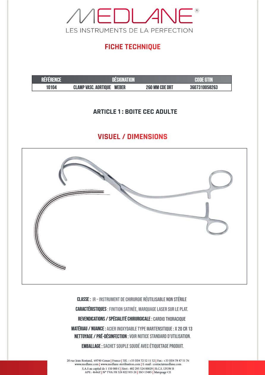 Clamp Vasculaire Aortique Weber 260 mm Coudé Droit — REF 10104