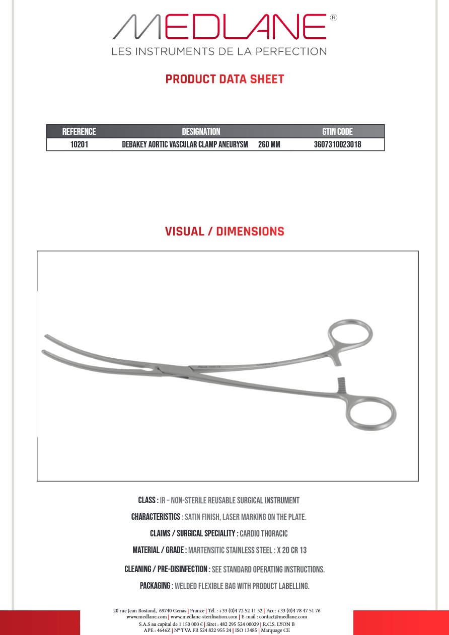 Clamp Vasculaire Aortique Anevrisme Debakey 260 mm — REF 10201P