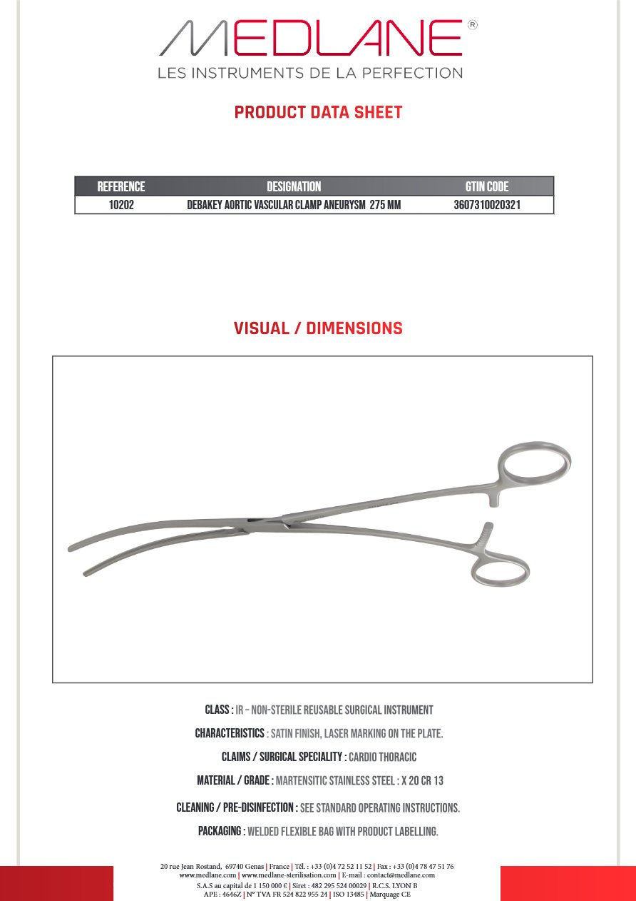 Clamp Vasculaire Aortique Anevrisme Debakey 275 mm — REF 10202P