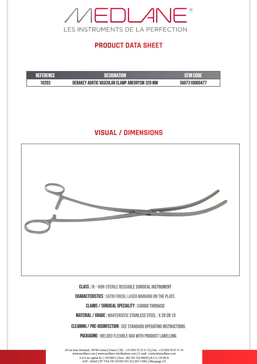 Clamp Vasculaire Aortique Anevrisme Debakey 320 mm — REF 10203P