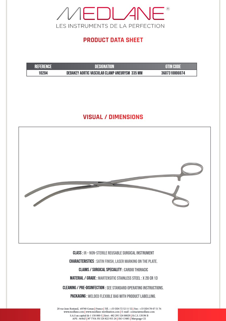 Clamp Vasculaire Aortique Anevrisme Debakey 335 mm — REF 10204P