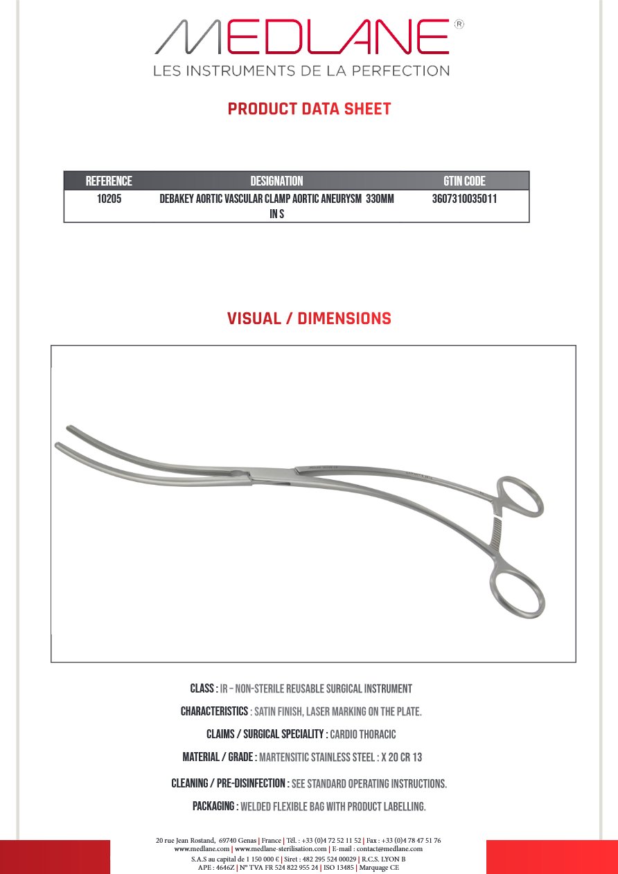 Clamp Vasculaire Aortique Anevrisme Debakey 330 mm En S — REF 10205P