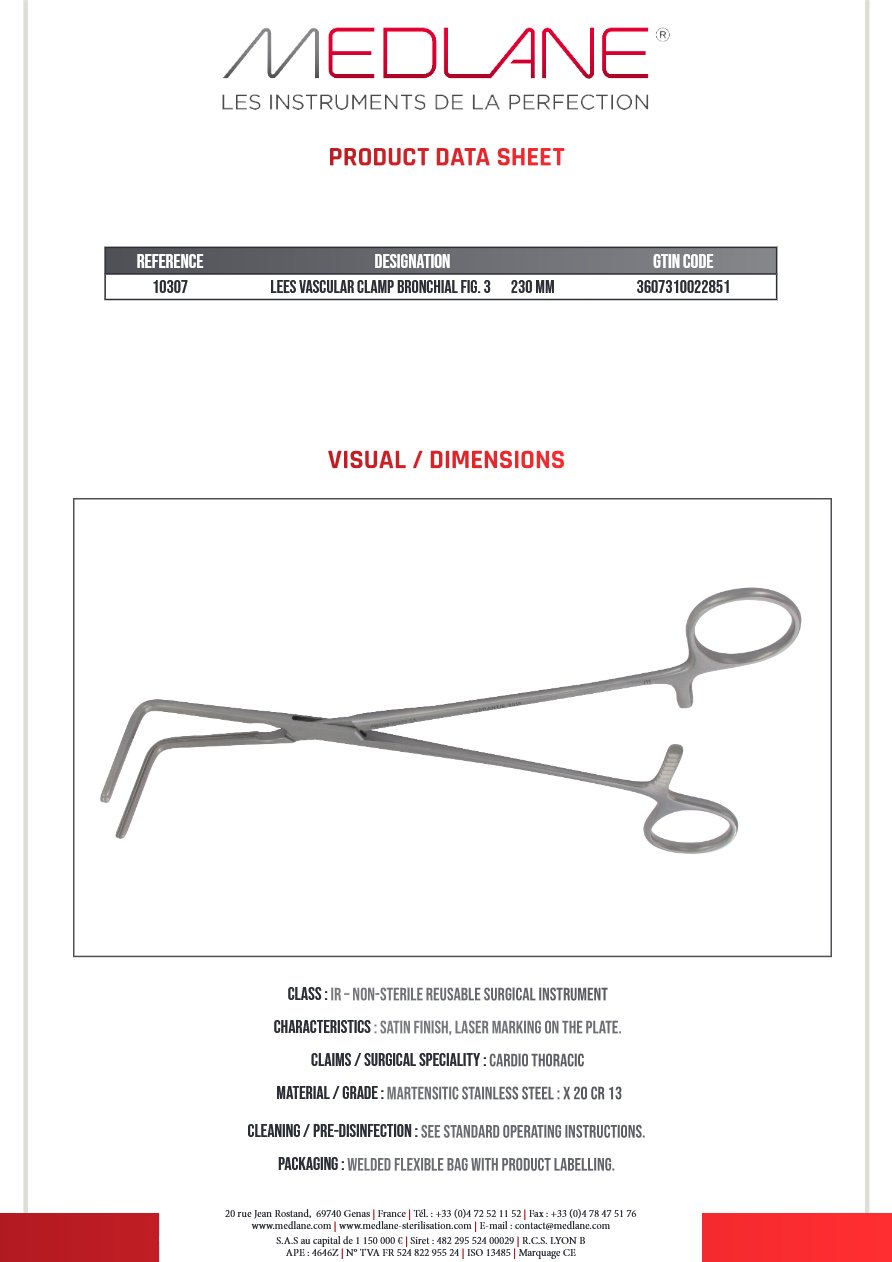 Clamp Vasculaire Bronches Lees Figure 3 230 mm — REF 10307