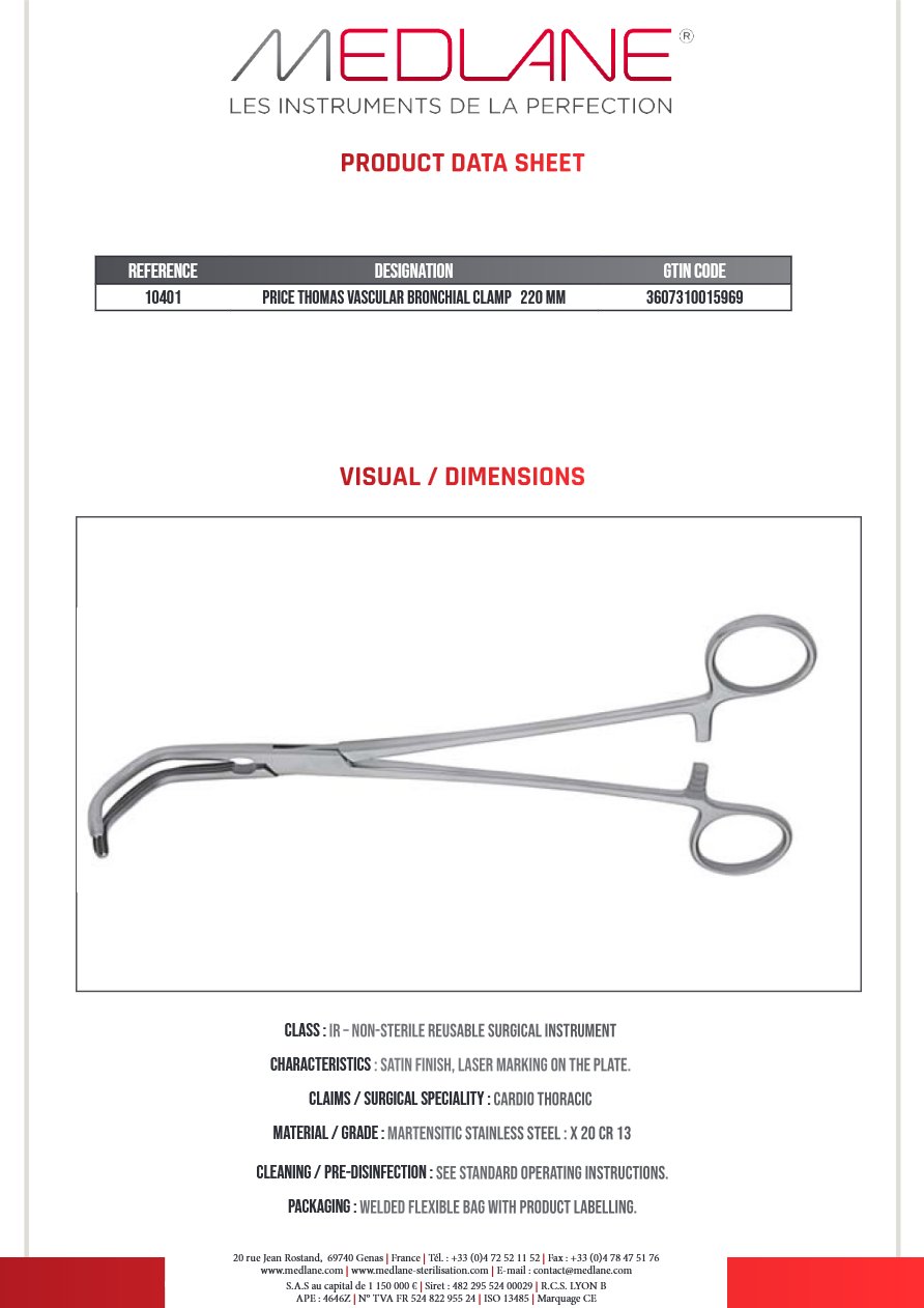 Clamp Vasculaire Bronches Price Thomas 220 mm — REF 10401