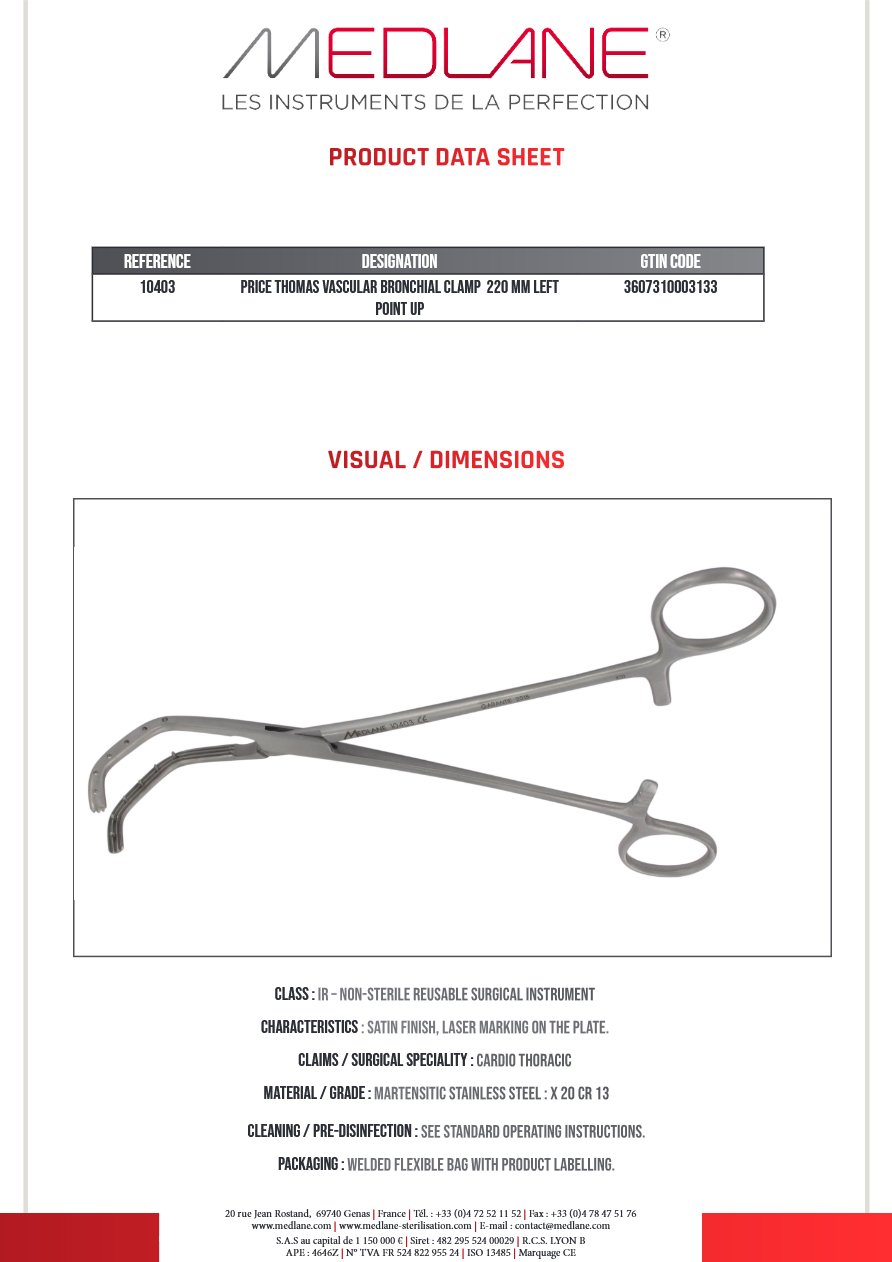 Clamp Vasculaire Bronches P.thomas 220 mm a Gauche Pointes Haut — REF 10403