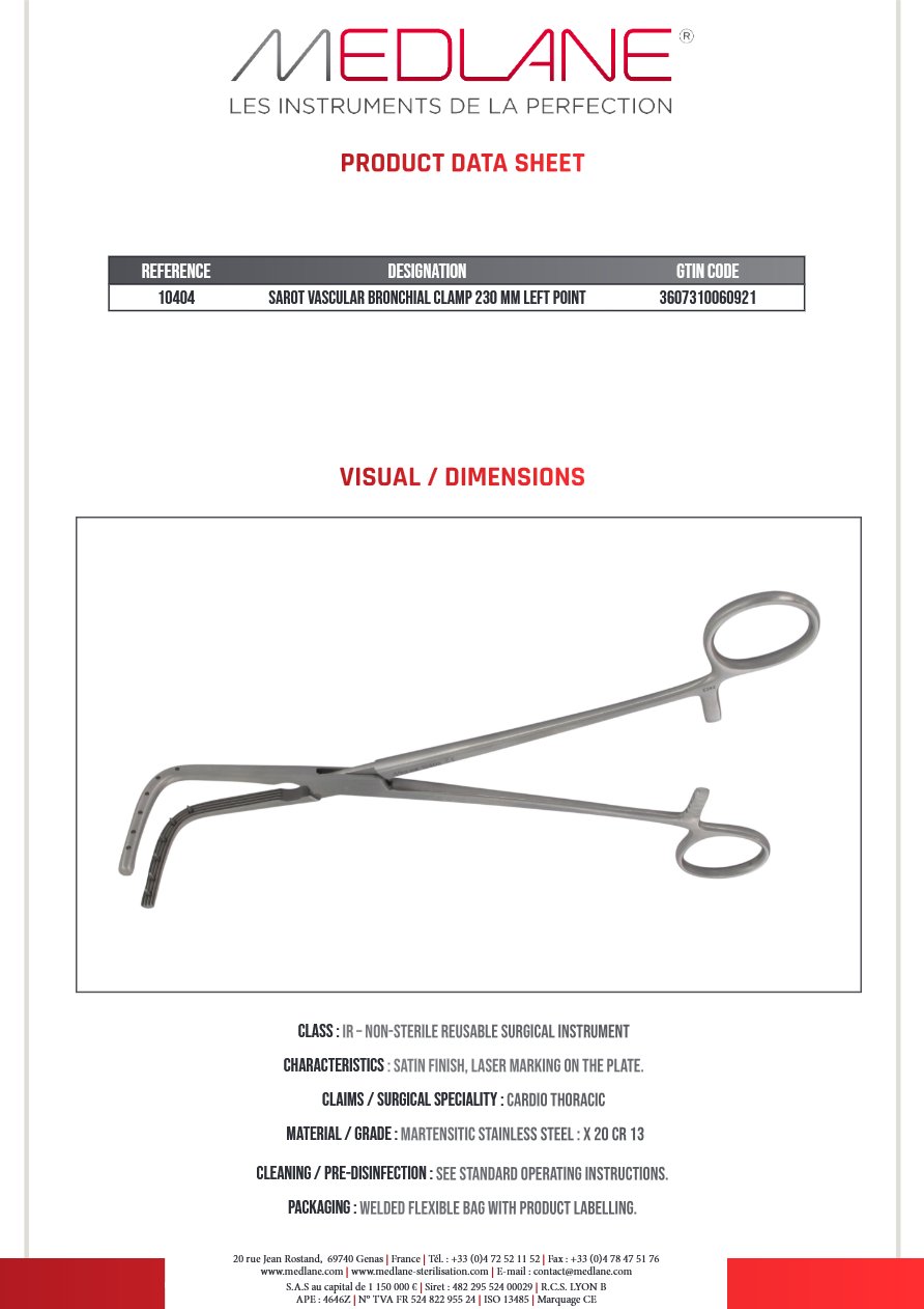 Clamp Vasculaire Bronches Sarot 230 mm Pointe a Gche — REF 10404