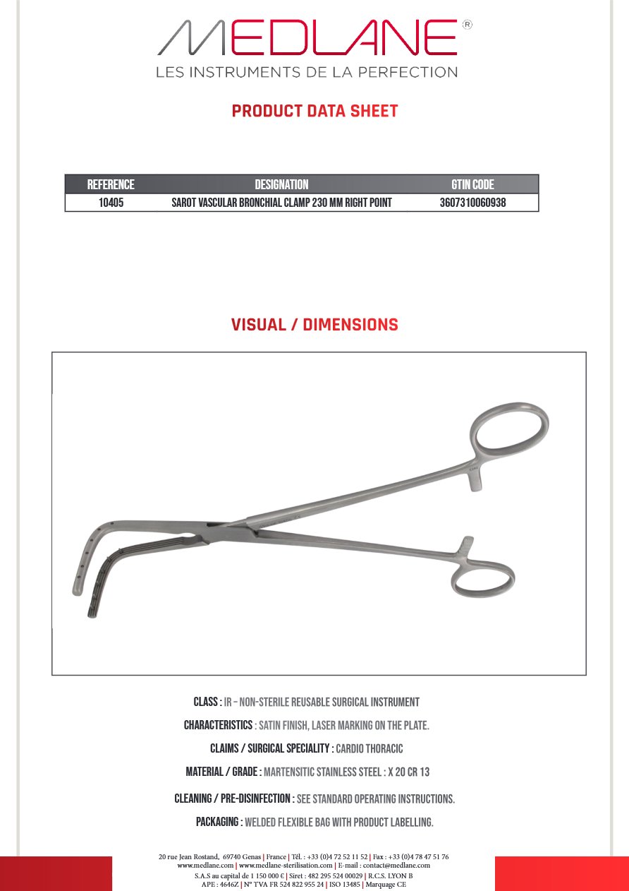 Clamp Vasculaire Bronches Sarot 230 mm Pointe a Droite — REF 10405