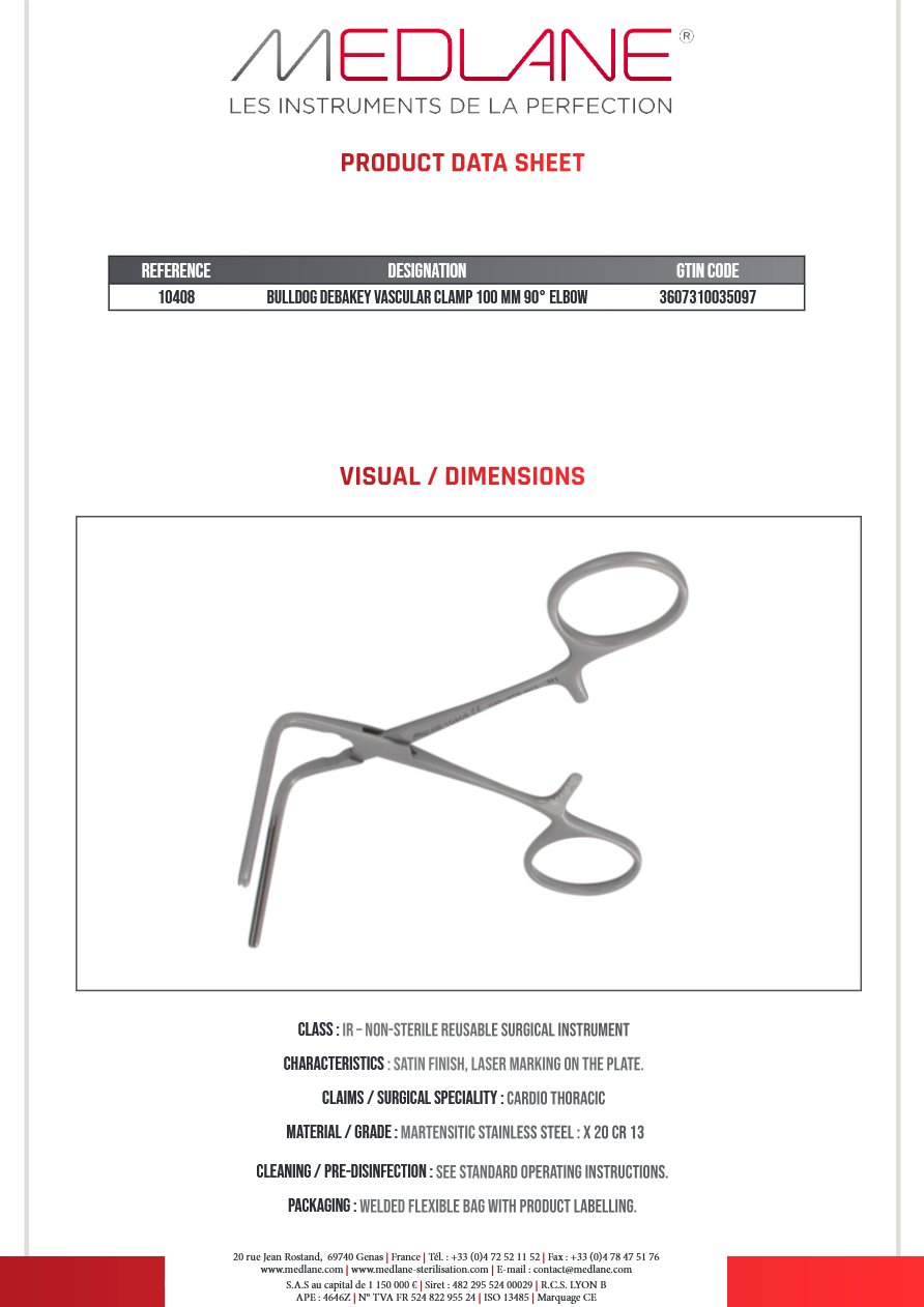 Clamp Vasculaire Bulldog Debakey 100 mm Coudé 90° — REF 10408P