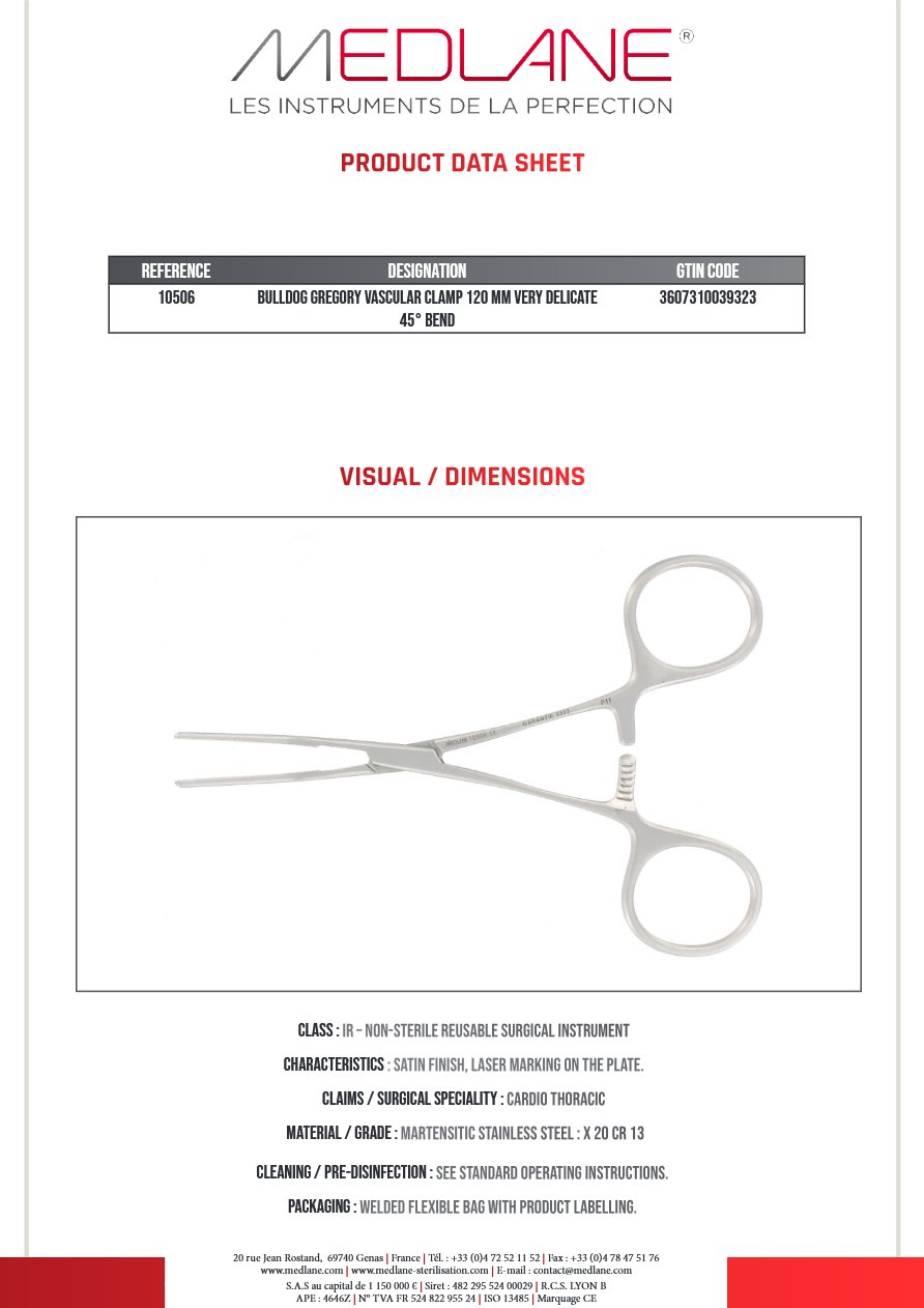 Clamp Vasculaire Bulldog Gregory 120 mm Coude a 45° Tres Delicat — REF 10506