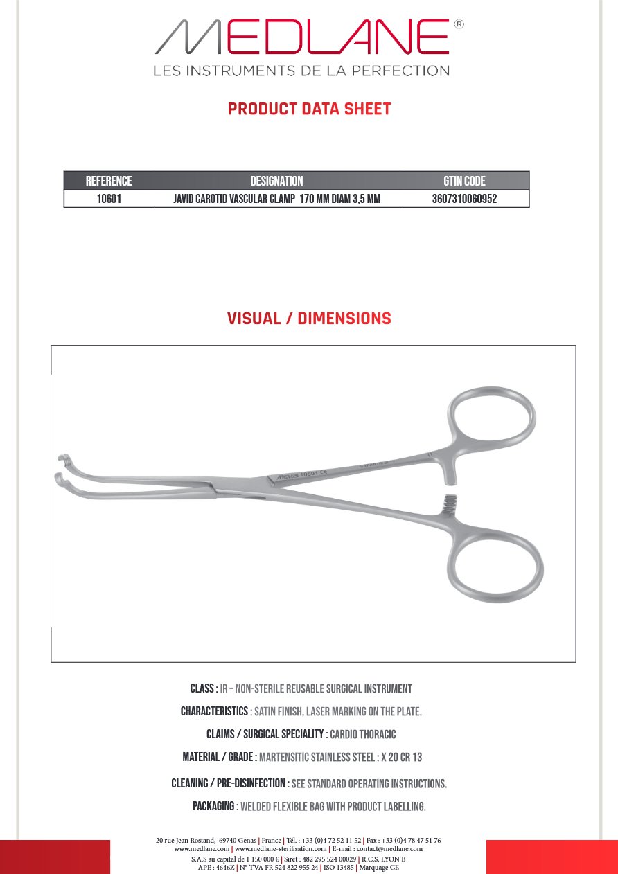 Photo produit MEDLANE : Clamp Vasculaire Carotides Javid 170 mm Diamètre 3,5 mm, référence 10601P