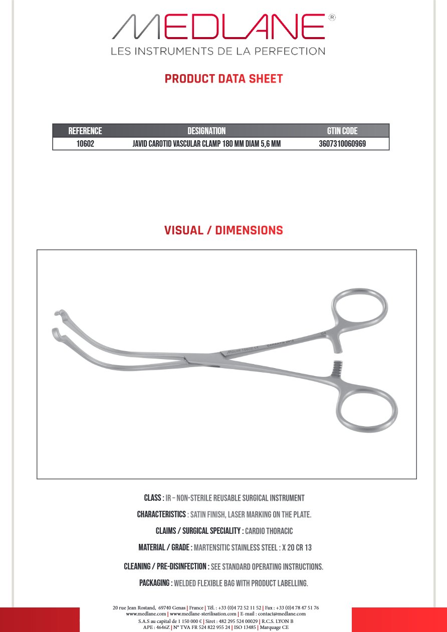 Clamp Vasculaire Carotides Javid 180 mm Diamètre 5,6 mm — REF 10602P