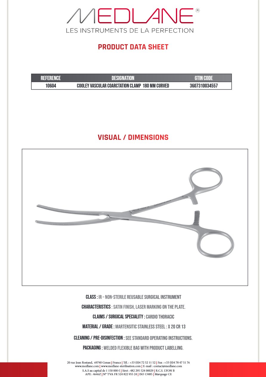 Clamp Vasculaire Coarctation Cooley 180 mm Courbe — REF 10604P
