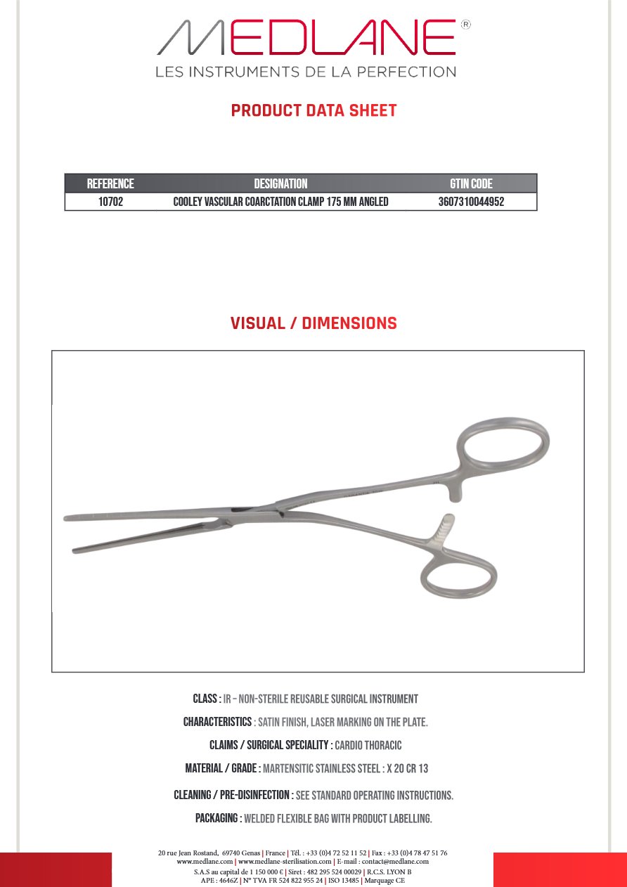 Clamp Vasculaire Coarctation Cooley 175 mm Coude — REF 10702P