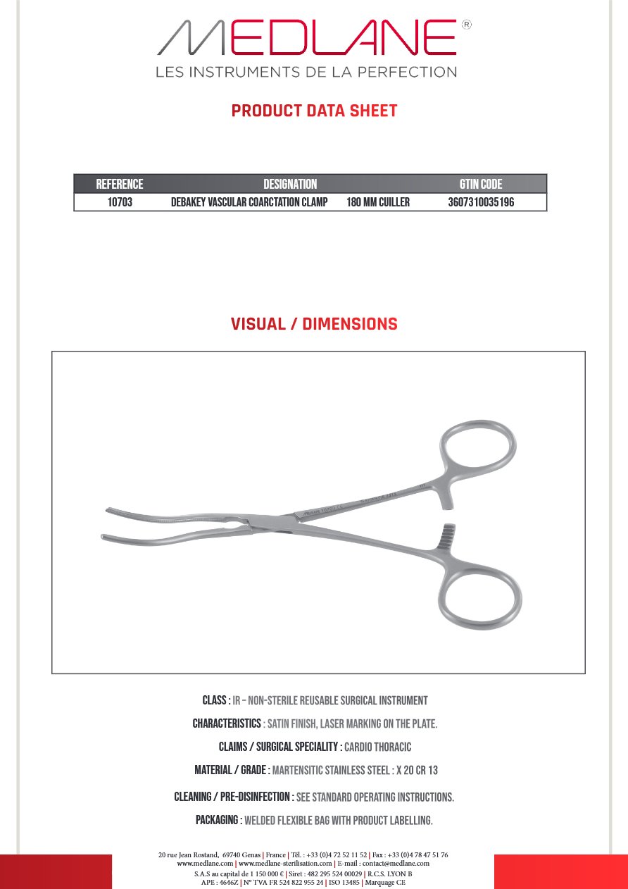 Clamp Vasculaire Coarctation Debakey 180 mm Cuiller — REF 10703P