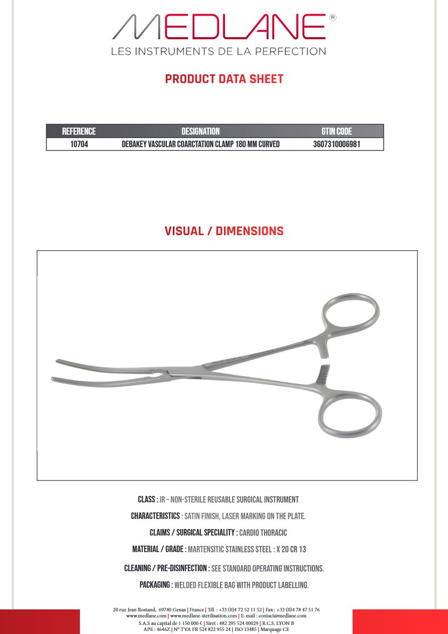 Clamp Vasculaire Coarctation Debakey 180 mm Courbe — REF 10704P