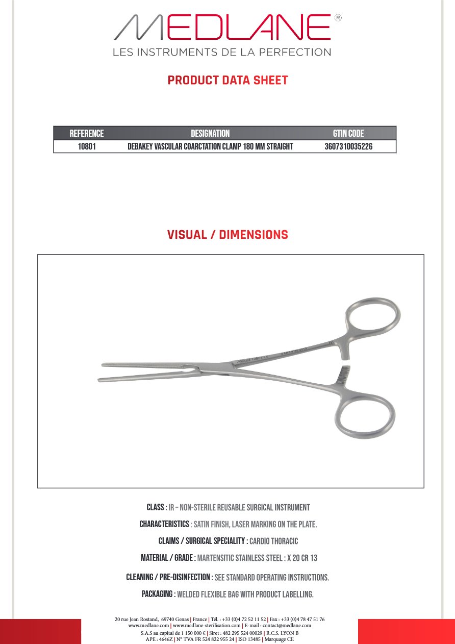 Clamp Vasculaire Coarctation Debakey 180 mm Droit — REF 10801P