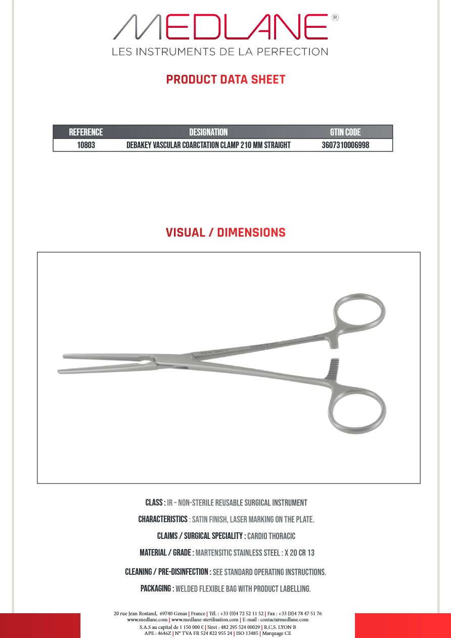 Clamp Vasculaire Coarctation Debakey 210 mm Droit — REF 10803