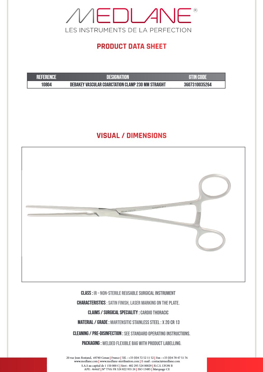 Clamp Vasculaire Coarctation Debakey 230 mm Droit — REF 10804