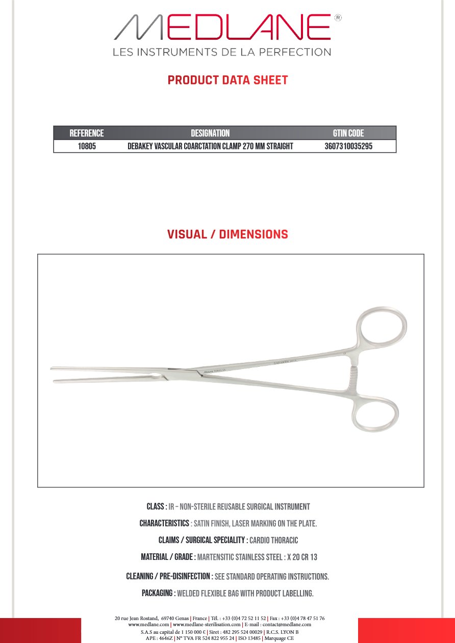 Clamp Vasculaire Coarctation Debakey 270 mm Droit — REF 10805