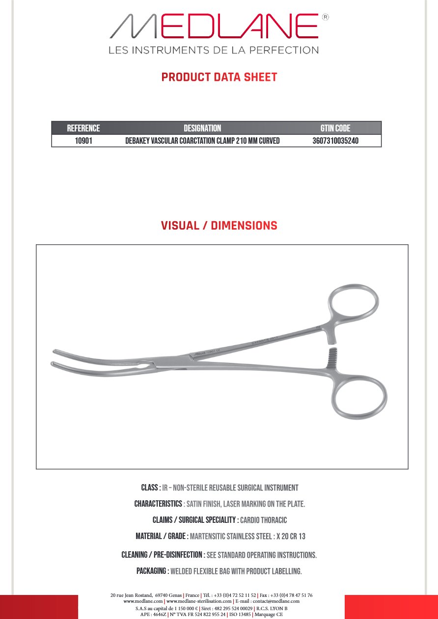 Clamp Vasculaire Coarctation Debakey 210 mm Courbe — REF 10901