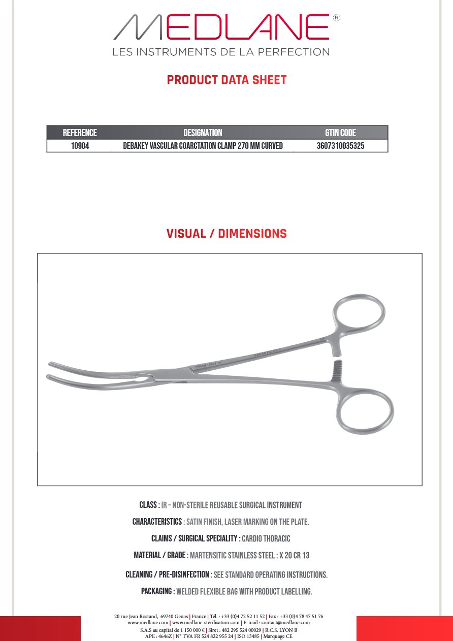 Clamp Vasculaire Coarctation Debakey 315 mm Courbe — REF 10904P