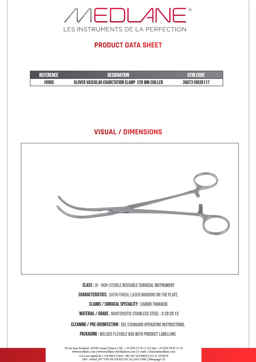 Clamp Vasculaire Coarctation Glover 220 mm Cuiller — REF 10905P