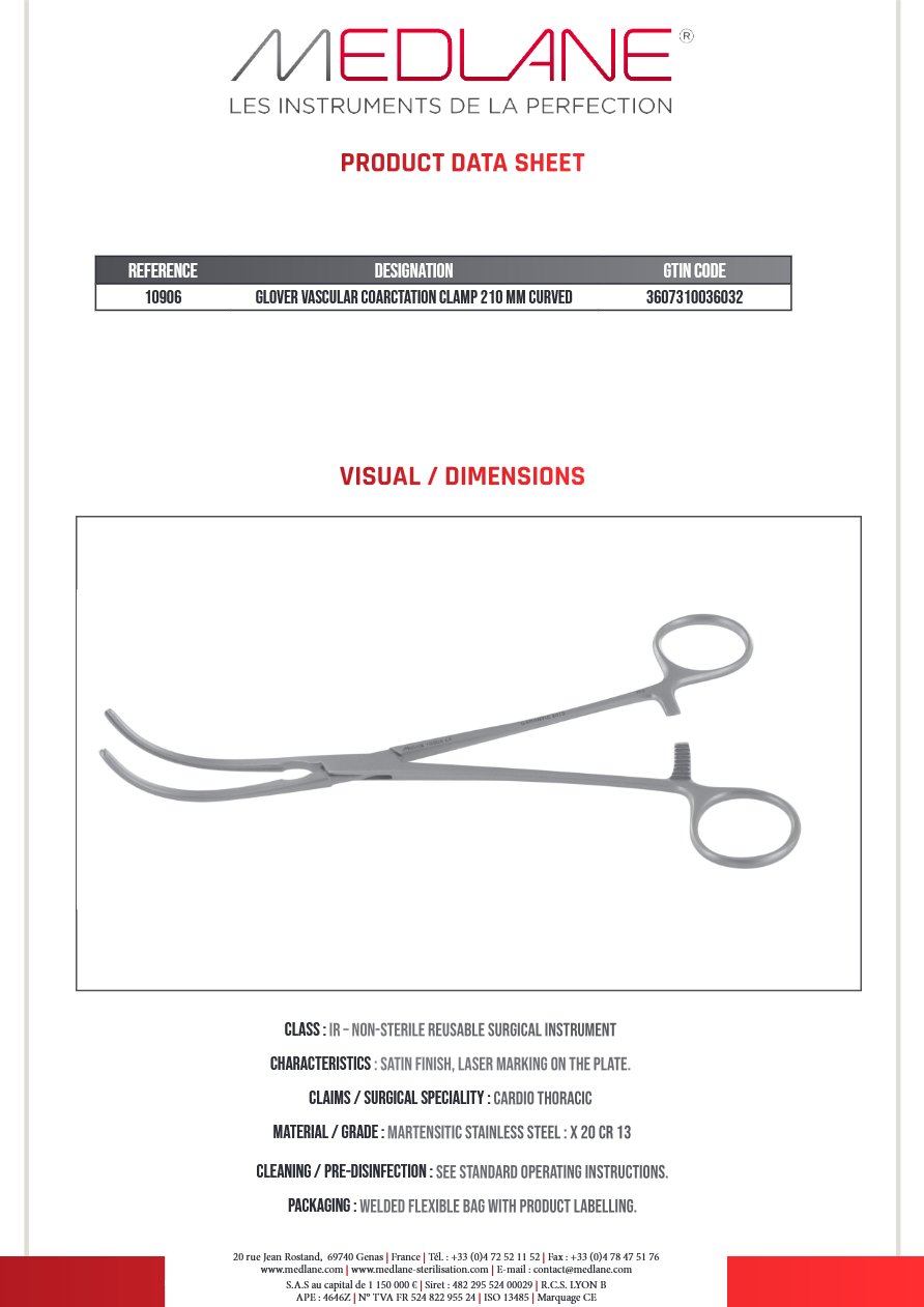 Clamp Vasculaire Coarctation Glover 210 mm Courbe — REF 10906P