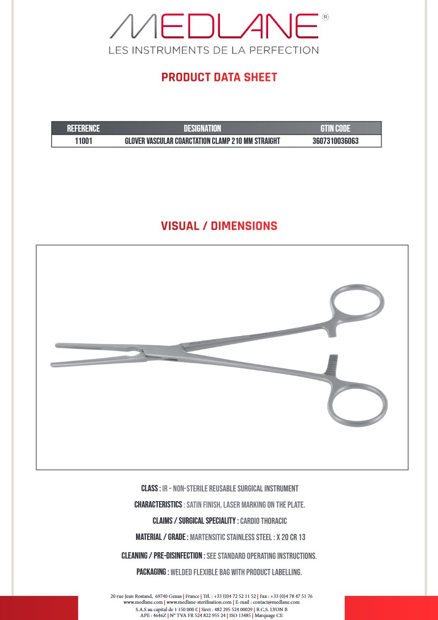 Clamp Vasculaire Coarctation Glover 210 mm Droit — REF 11001P