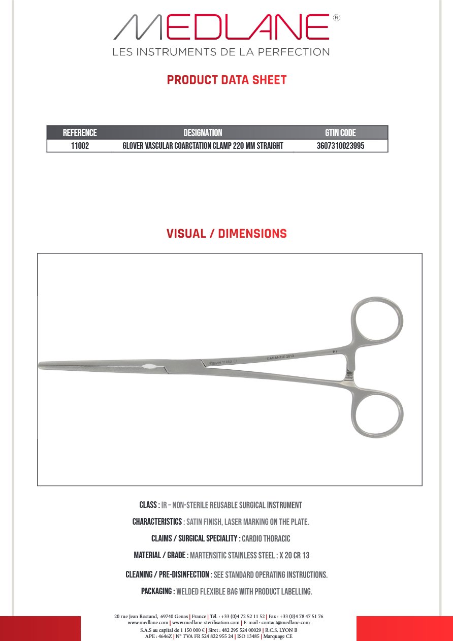 Clamp Vasculaire Coarctation Glover 220 mm Droit — REF 11002P