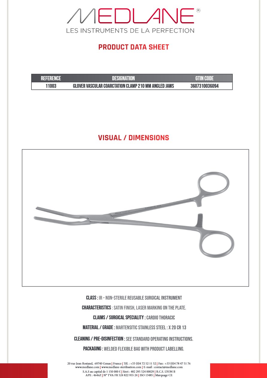 Clamp Vasculaire Coarctation Glover 210 mm Mors Coude — REF 11003P