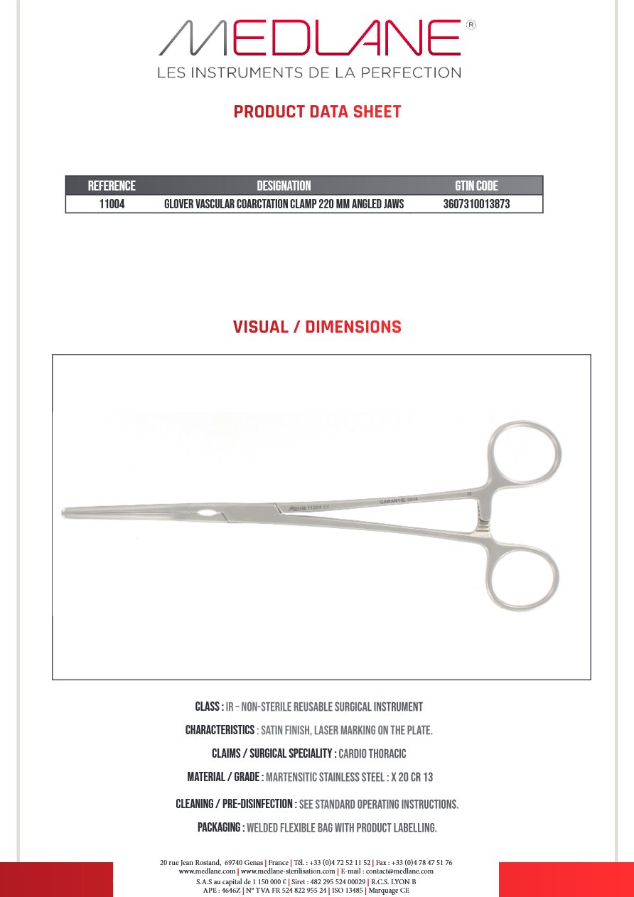 Clamp Vasculaire Coarctation Glover 220 mm Mors Coude — REF 11004P