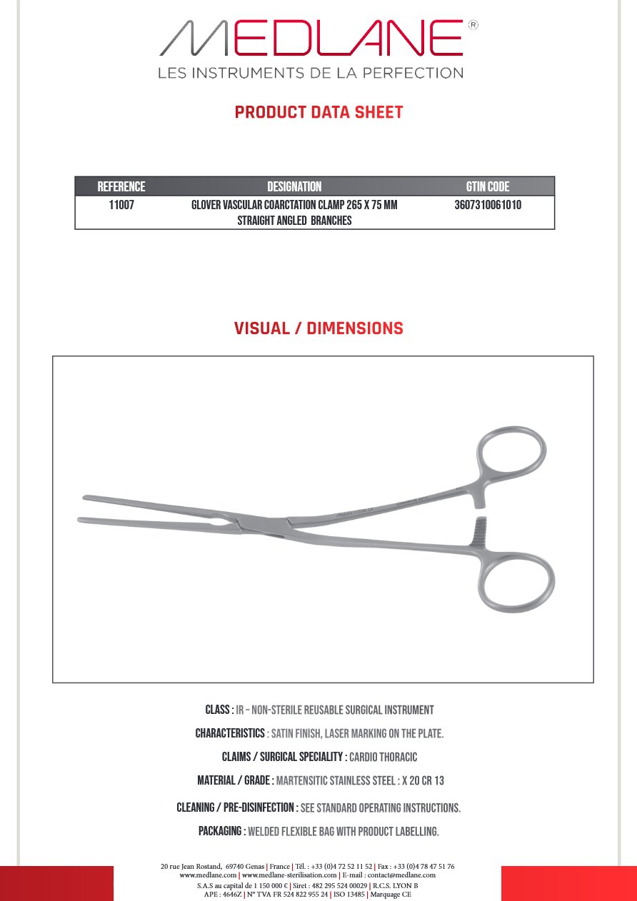 Clamp Vasculaire Coarctation Glover 265 X 75 mm Droit Branches Coudees — REF 11007