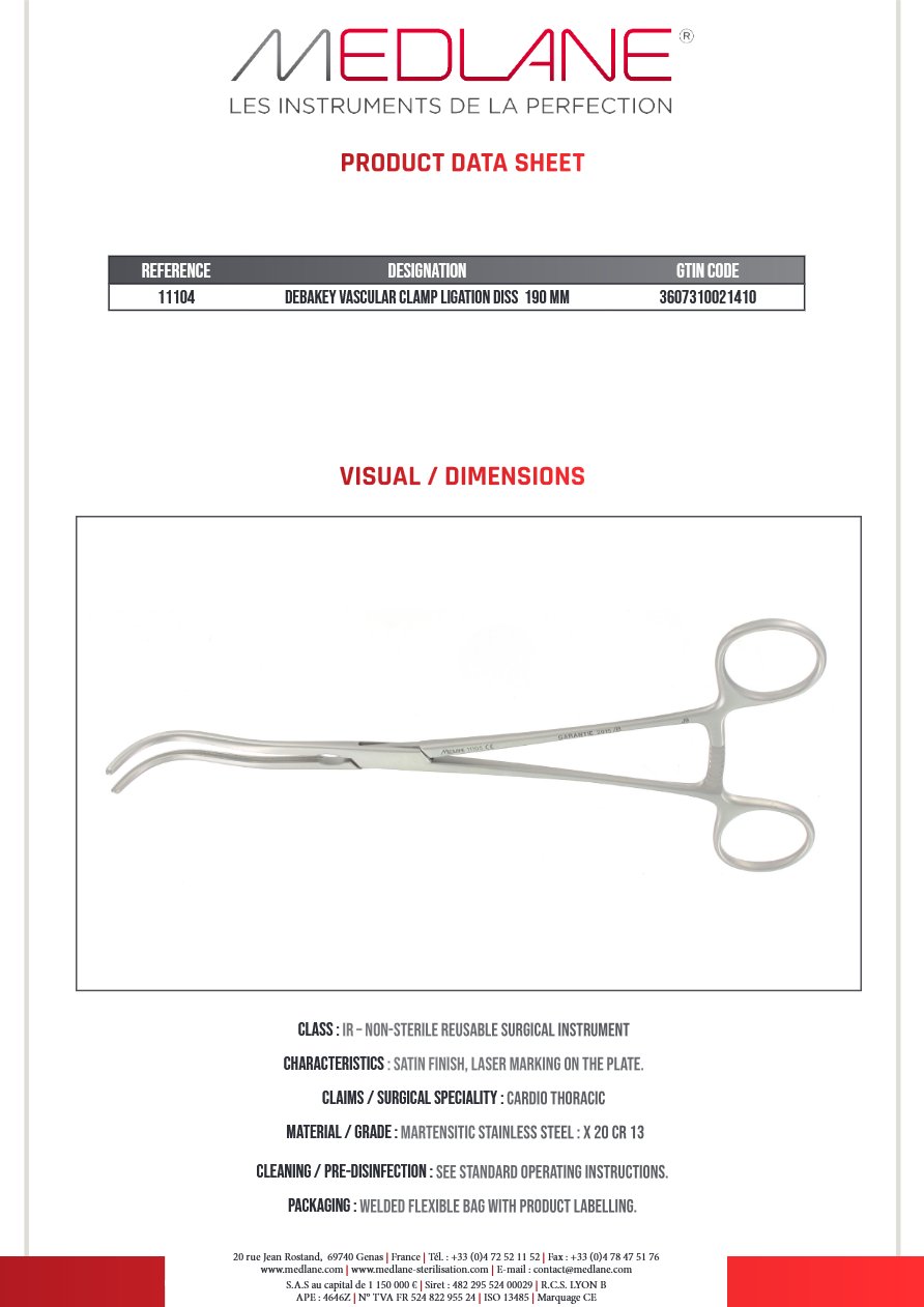 Photo produit MEDLANE : Clamp Vasculaire Ligature Dissection Debakey 190 mm, référence 11104