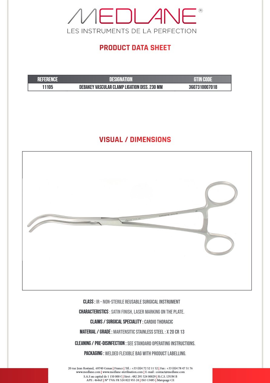 Photo produit MEDLANE : Clamp Vasculaire Ligature Dissection Debakey 230 mm, référence 11105
