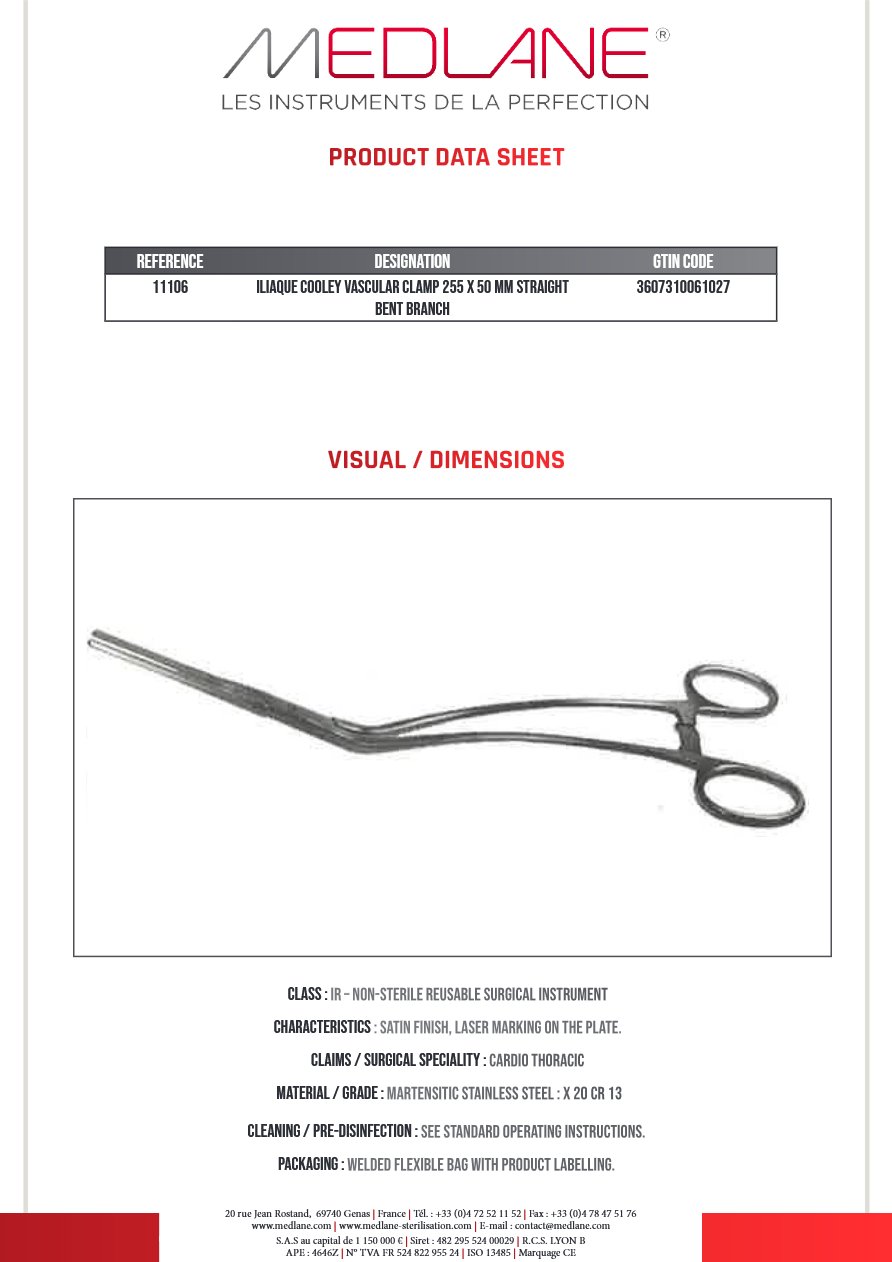 Clamp Vasculaire Iliaque Cooley 255 X 50 mm Droit Branches Coudees — REF 11106