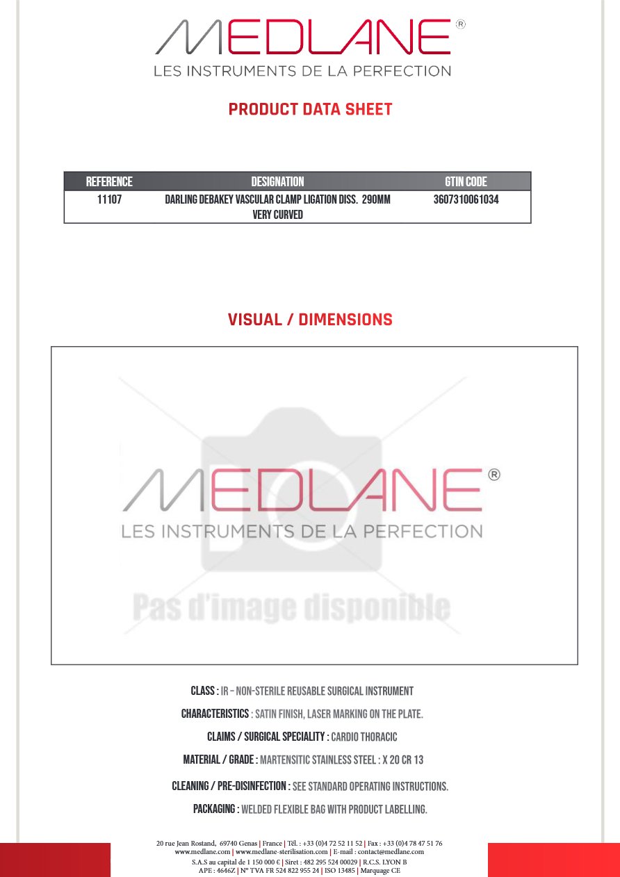Clamp Vasculaire Ligature Dissection Darling 290MM Tres Courbe — REF 11107