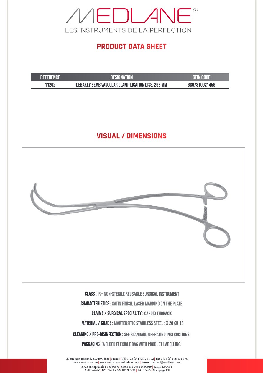 Clamp Vasculaire Ligature Dissection Debakey Semb 265 mm — REF 11202P