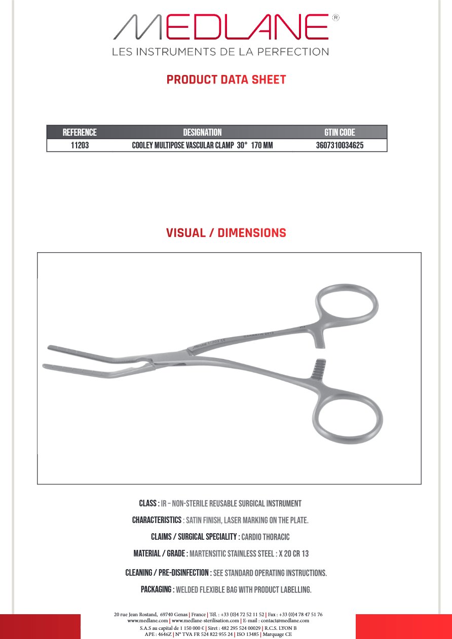 Clamp Vasculaire Multipose Cooley 30° 170 mm — REF 11203P