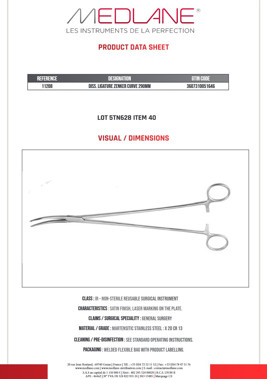 Photo produit MEDLANE : Pince a Dissection Ligature Zenker Courbe 290MM, référence 11208