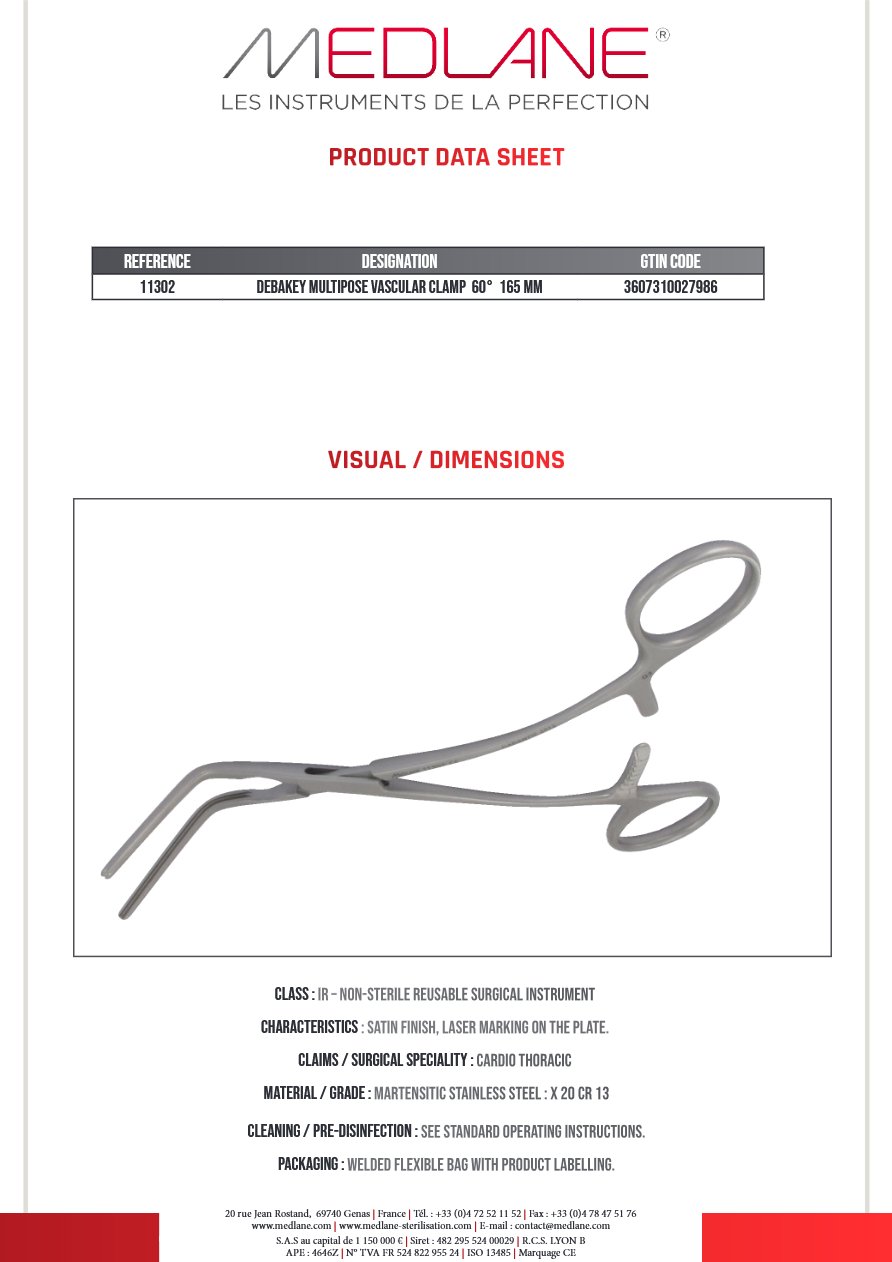 Clamp Vasculaire Multipose Debakey 60° 165 mm — REF 11302P
