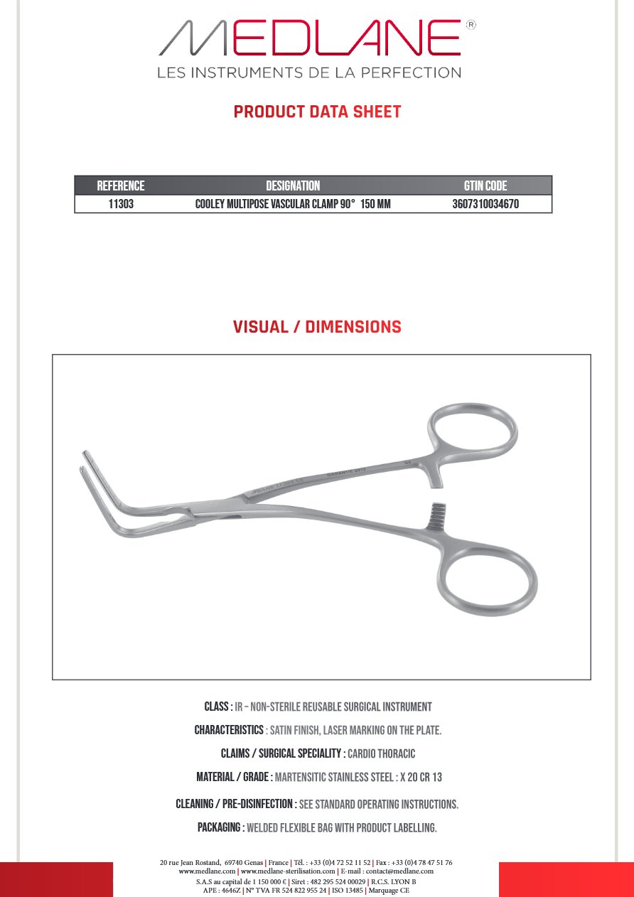 Clamp Vasculaire Multipose Cooley 90° 150 mm — REF 11303P