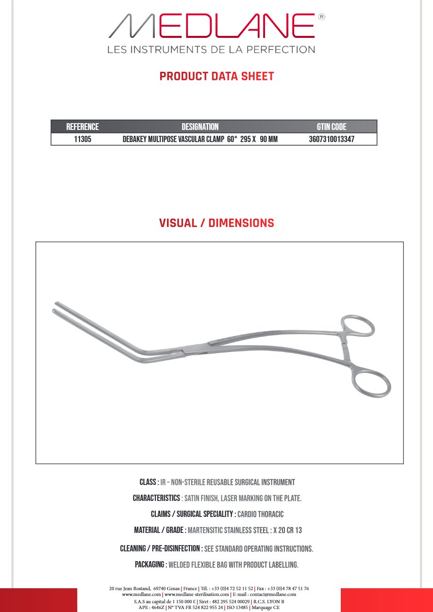 Clamp Vasculaire Multipose Debakey 60° 295 X 90 mm — REF 11305P