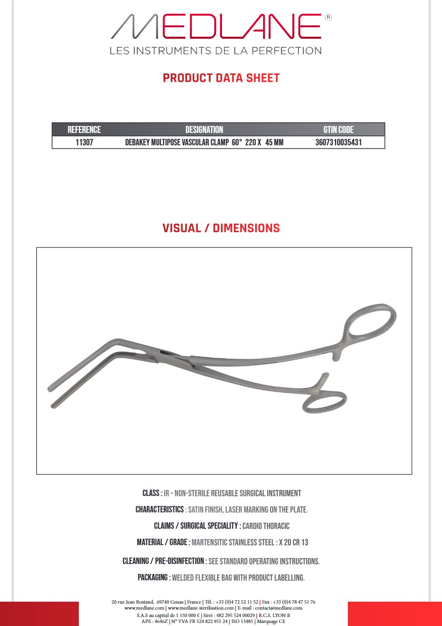 Clamp Vasculaire Multipose Debakey 60° 220 X 45 mm — REF 11307P