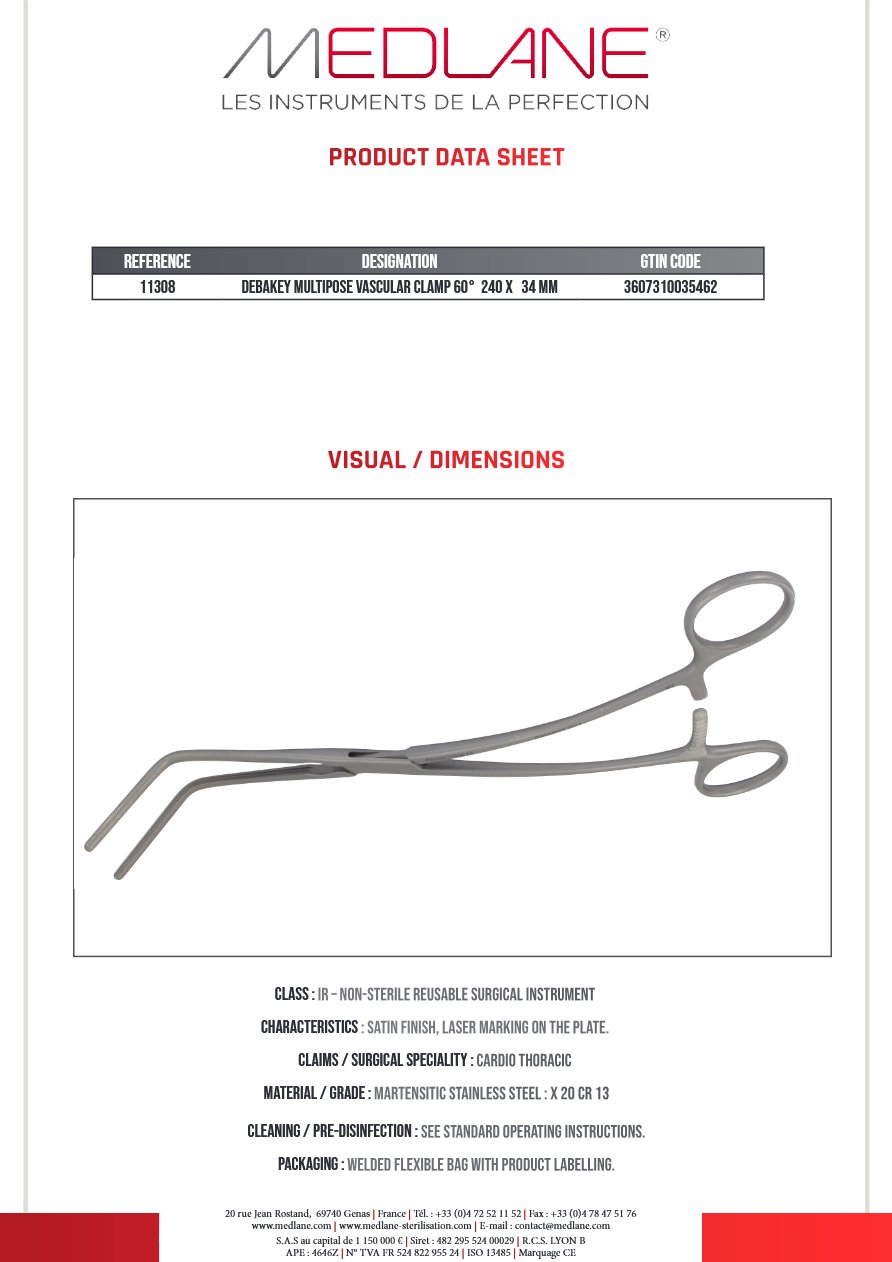 Clamp Vasculaire Multipose Debakey 60° 240 X 34 mm — REF 11308P
