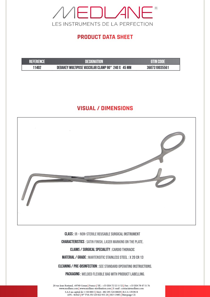 Clamp Vasculaire Multipose Debakey 90° 240 X 45 mm — REF 11402P