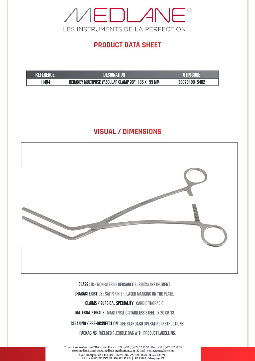 Clamp Vasculaire Multipose Debakey 90° 185 X 55 mm — REF 11404P