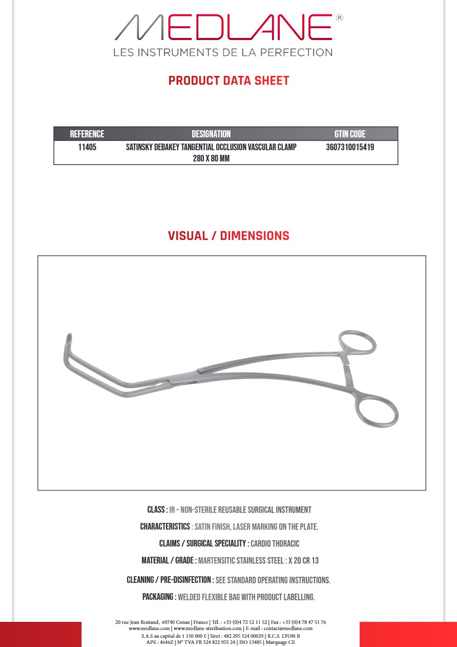 Clamp Vasculaire Occlusion Tangentielle Satinsky Debakey 280 X 80 mm — REF 11405P