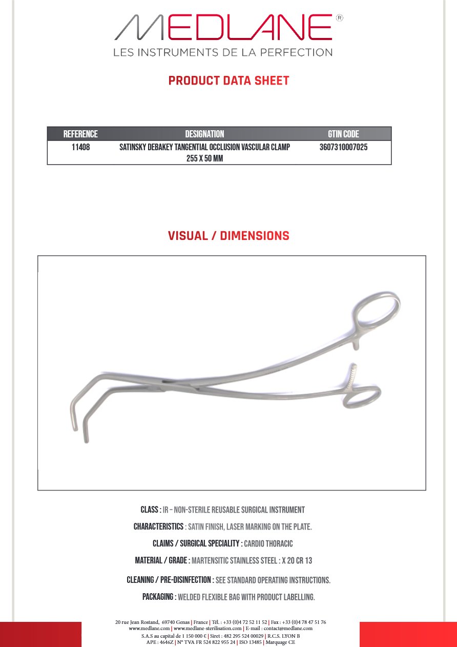 Clamp Vasculaire Occlusion Tangentielle Satinsky Debakey 255 X 50 mm — REF 11408P