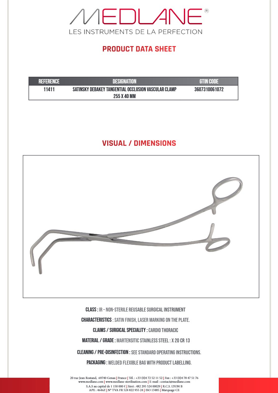 Clamp Vasculaire Occlusion Tangentielle Satinsky Debakey 255 X 40 mm — REF 11411